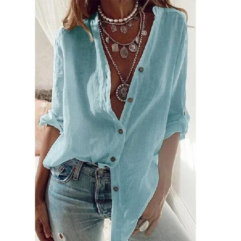 Summer Womens Cotton Linen Shirt Fashion Solid Color Casual Loose Button V-Neck Long Sleeve Top Wear 250318