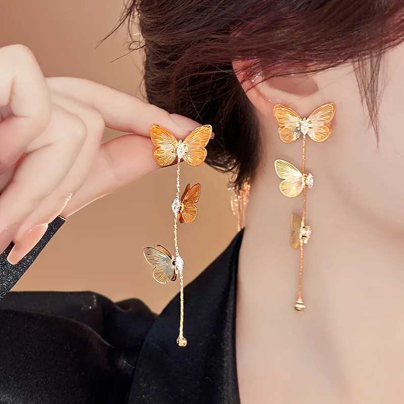 2025 New Arrival Korean Elegant Gold Color Butterfly Long Tassel Stud Earrings For Women Fashion Exquisite Metal Jewelry Gifts Y250401