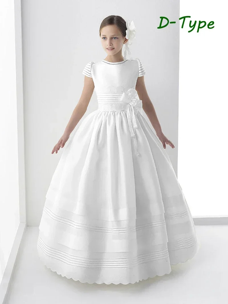 First Communion Gowns White Satin Flower Girl Dress Short sleeves With Bow Little Princess Kids Birthday Evening Pageant Dresses 251028