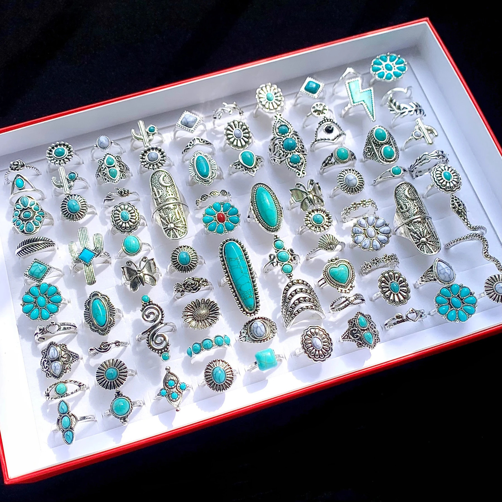 12pcs Antique Silver Plated Turquoise Bohemia Vintage Rings Mix Style Women Ethnic Alloy Metal Party Gift Finger Jewelry Lot 251031