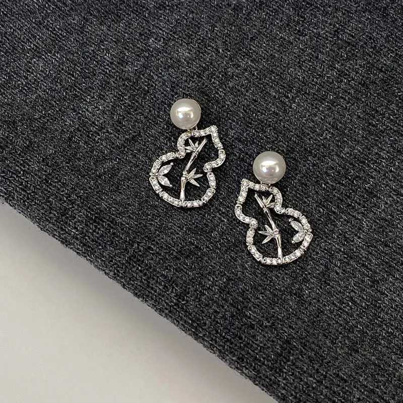 Light Luxury Exquisite Full Zirconium Bamboo Leaf Gourd Pearl Stud Earrings For Women Fashion Crystal Jewelry Party Gifts Y250401