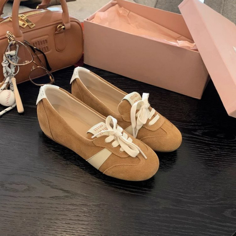 designer shoes new Leather version! miu sweet elevator one-step-on versatile ballet German training shoes for women casual sports shallow-mouth single