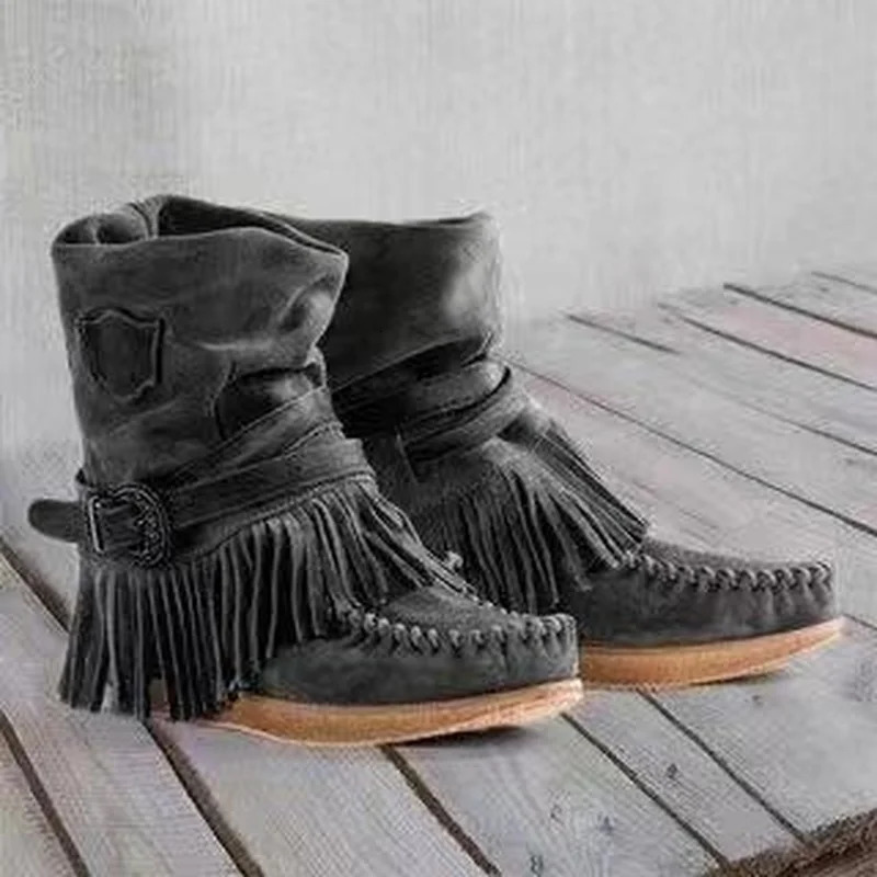 Women Ankle Boots Ladies Suede Shoes Tassel Single Boots Pop Silpon Boho Boots Women Flat Shoes Cowboy Shoes Short Boots 251030