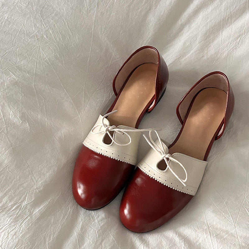 Cowhide version ~ Japanese retro shallow mouth Mary Jane shoes women's literary color blocking lace-up flat shoes comfortable small leather shoes