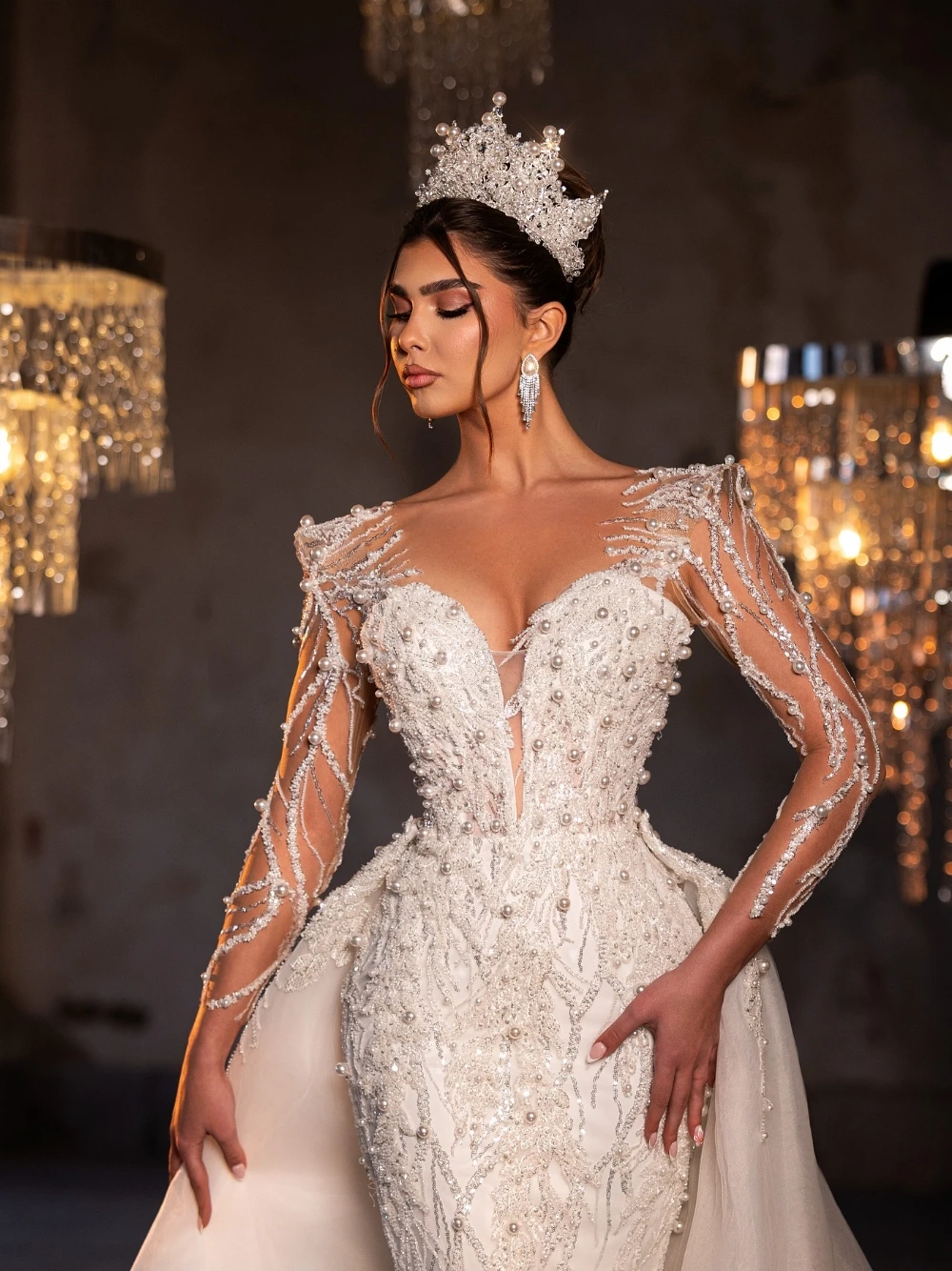 Luxurious Mermaid Wedding Dress Sheer Neck Long Sleeves Bridal Gowns Sequins Pearls Beaded Detachable Train Dresses Custom Made vestidos de novia