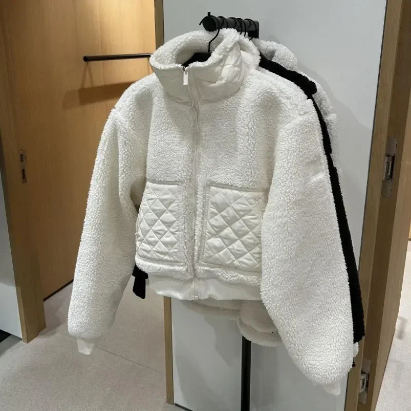 Lamb Plush High Waist Thicken Coats Standup Collar Zipper Winter Jacket Women Outerwear Fashion 2025 Autumn Warm Coat 251030