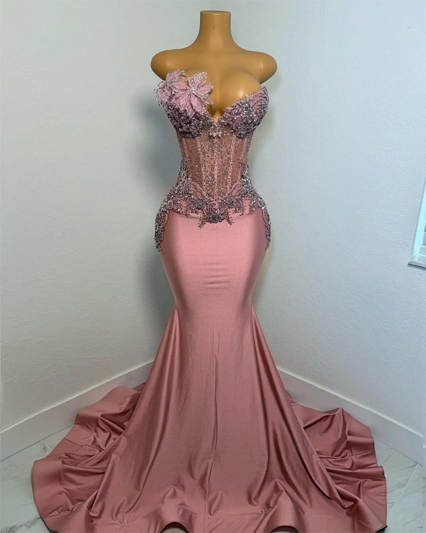 Blush Pink Mermaid Prom Dresses Plus Size Crystals Florals Satin Evening Formal Party Second Birthday Engagement Gowns Dress For Special Occasions