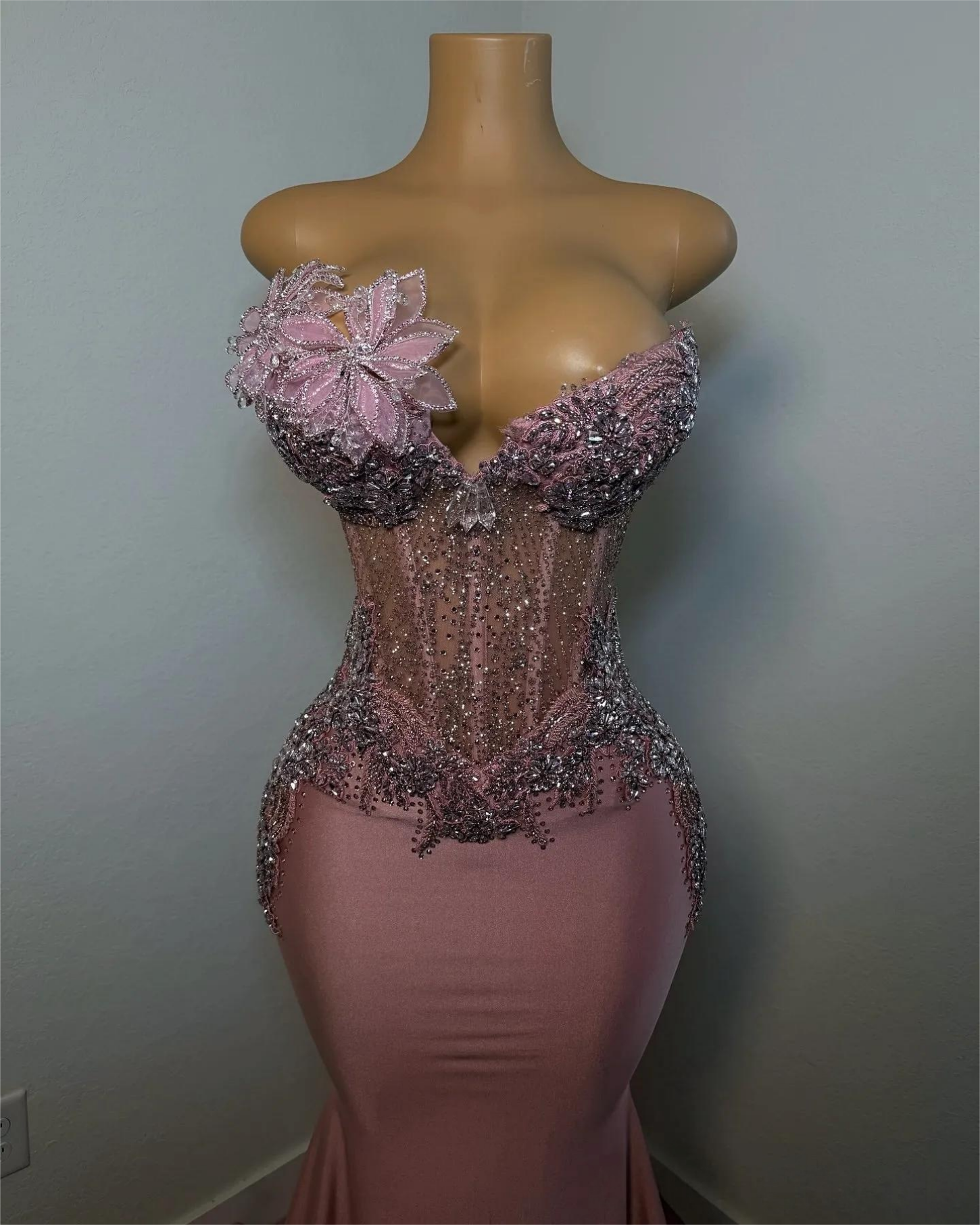 Blush Pink Mermaid Prom Dresses Plus Size Crystals Florals Satin Evening Formal Party Second Birthday Engagement Gowns Dress For Special Occasions