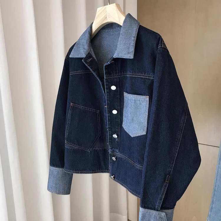 Color blocked denim jacket for women early spring 2024 new item casual loose short lapel dark blue jacket for women 230726