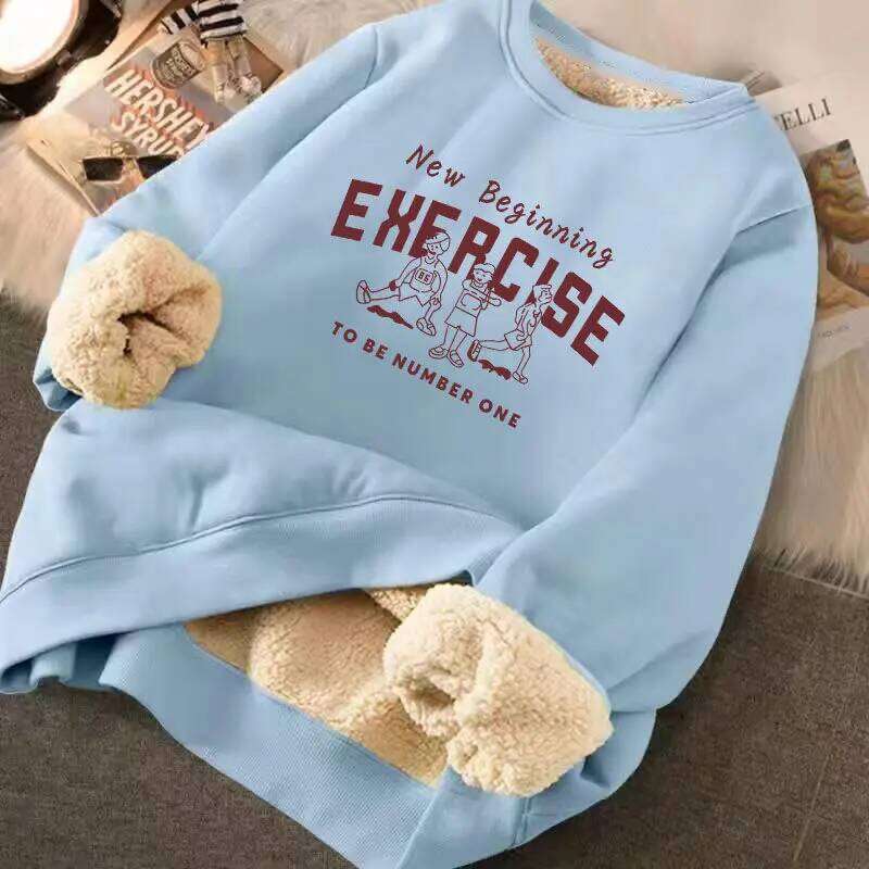 Women's Winter Loose Letter Print Plush Thick Hooded Sweatshirt Warmth Padded Warm Fleece Lined Pullover Sweater Top