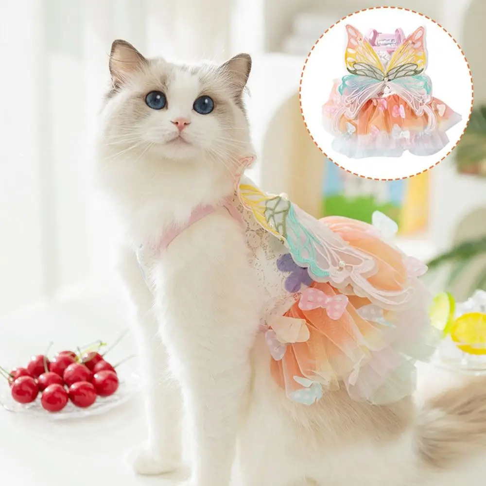 2026 New Rainbow Princess Fantasy Butterfly Dog Mesh Dresses Sweet Dress Summer Pet Cat Puppy Clothes 250402 Free Shipping