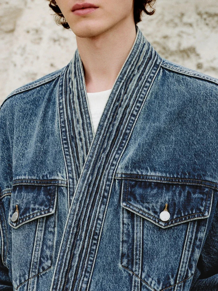 Spring Stylish Denim Jackets for Mens Streetwear Fashion Irregular Wrap V Neck Jean Cardigan Men Vintage Laceup Jean Coat 251030