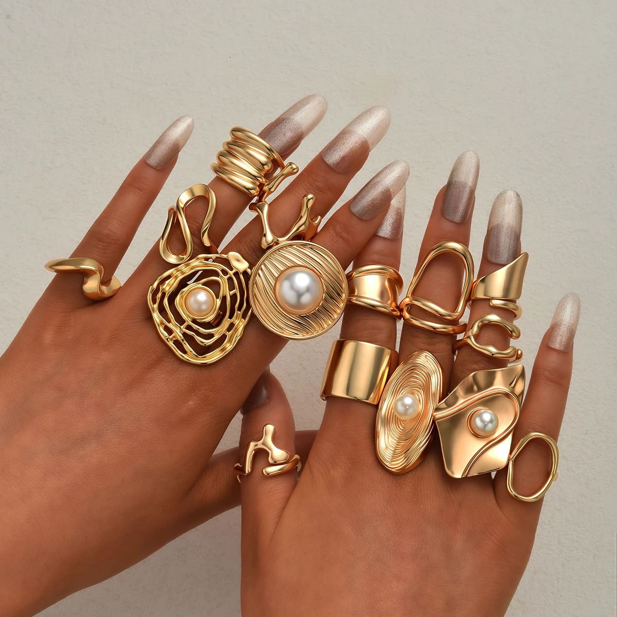 15pcs Punk Smooth Geometric Open Rings Set For Women Exaggerated Asymmetrical Gold Color Floral Thick Chunky Rings Party Jewelry 251031