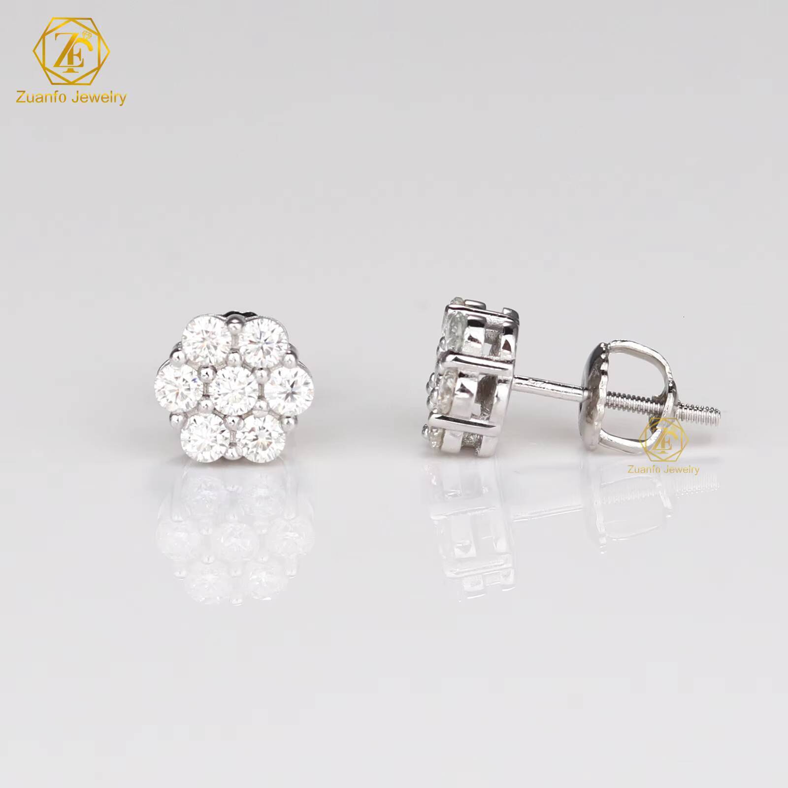 Hot Sale Pass Diamond Tester Round Vvs Moissanite Stud Earring 8mm Flower Hip Earrings Moissanite Jewelry for Men Women