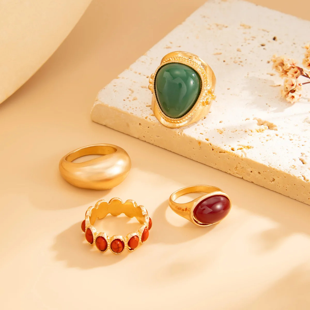 8PcsSet Vintage Brown Stone Open Rings for Women Geometric Irregular Texture Index Finger Rings Set Simple Jewelry Accessories 251031