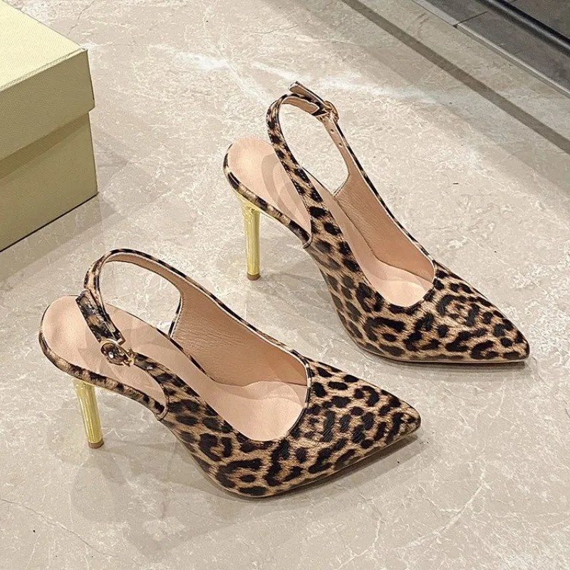 Leopard Print Pointed Toe Office Lady Shoes Autumn Shallow Stilettos Large Size Ankle Strap Women High Heels Pumps 251030