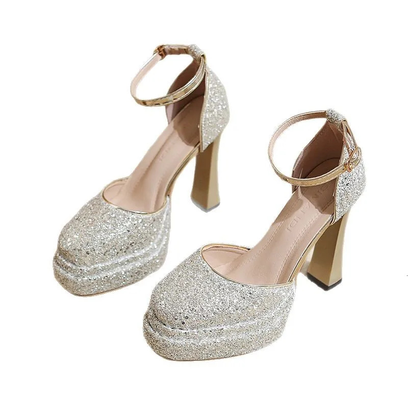 Waterproof Platform High Heels Thick Heel Crystal Shoes with Dress Host Small Champagne Wedding Shoes Bride Shoes Women 12cm 251030