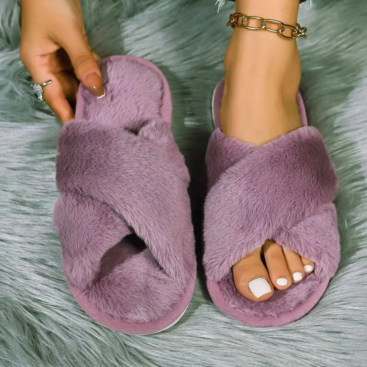 Cross Band Fur Slippers for Women Fluffy Open Toe Shoes Plush Flat Home Fuzzy Floor Slipper Woman Cozy Warm Soft Sole Anti Slip 251031