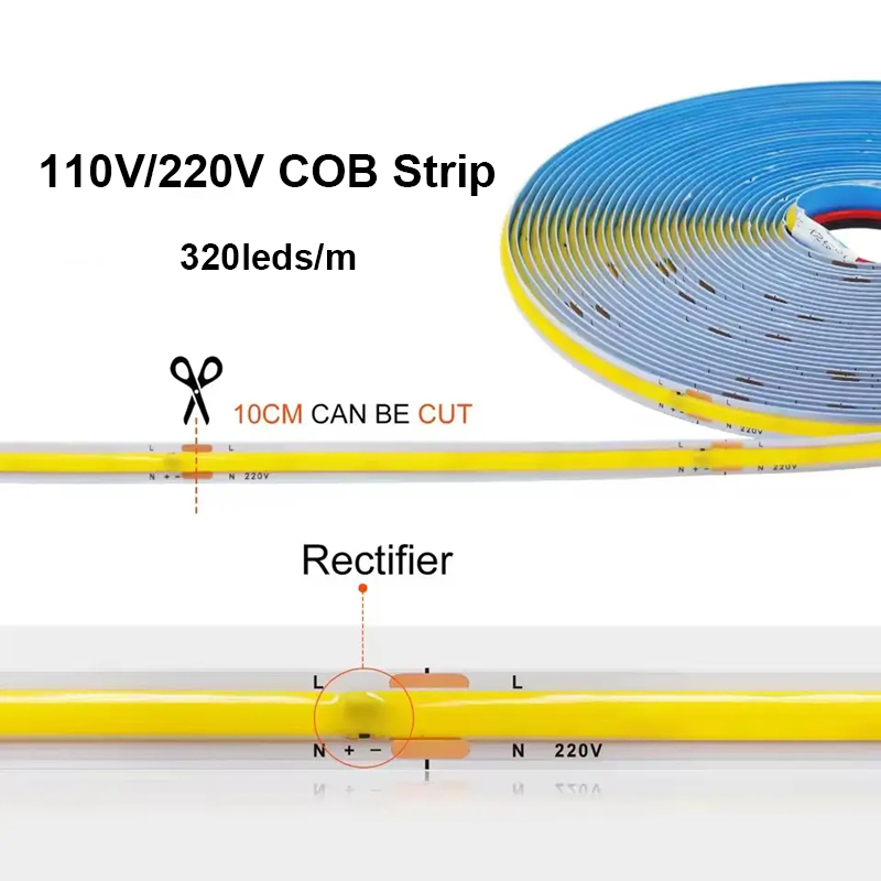 110V 220V COB LED Strip Light 320LEDs/m Ultra High Density 10M Roll 3000K 4000K 6000K IP20 Non-Waterproof flexible COB Strip