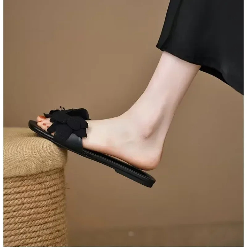 Womens Summer Fashion Slider Solid Color Flower Designer Flat Feet Sexy Daily Leisure Wedding Party Sandals 250402BJ - view 7