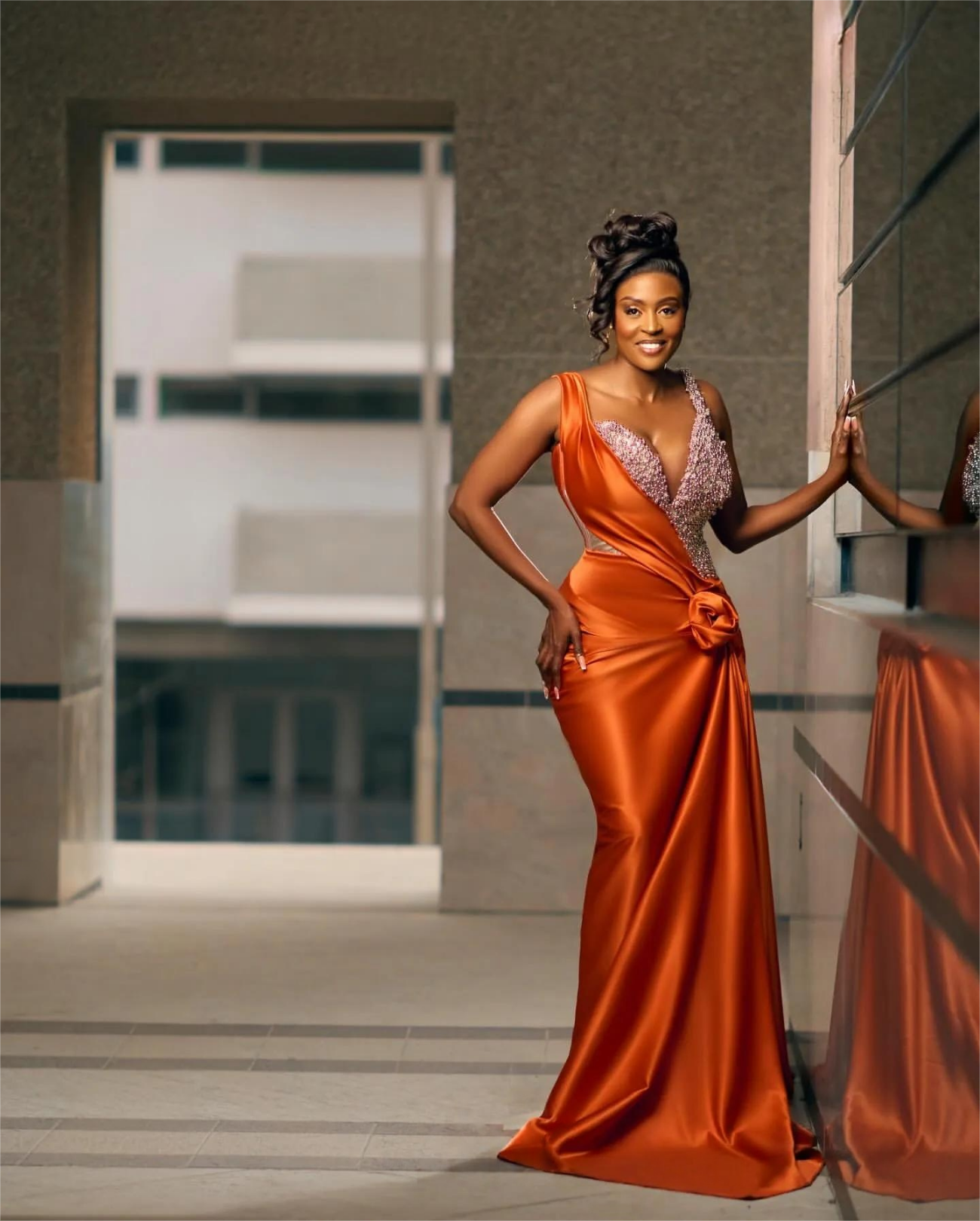 Orange Mermaid Prom Dresses For Special Occasions Floral Pearls Rhinestones Satin Evening Formal Party Second Reception Birthday Engagement Gowns Dres