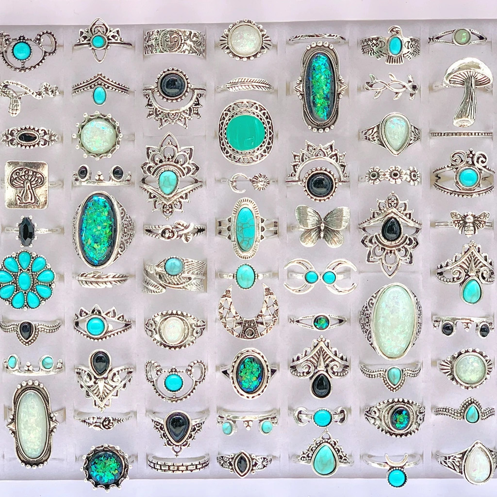 20pcsLot Mixed Style Turquoise Stone Flower Vintage Rings Women Bohe Ethnic Metal Plated Silver Charm Party Gift Finger Jewelry 251031