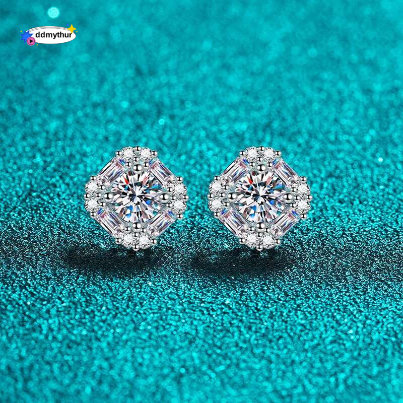 1.47 ct Certified 1Ct Full Moissanite Stud Earrings S Sier Square Bag PT950 Gold Plated Free Gift Box for Women ddmythur