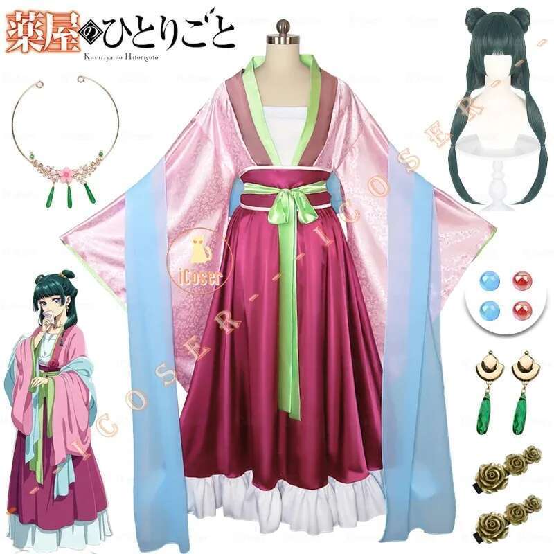 iCoser Maomao Cosplay Costume Wig Anime The Apothecary Diaries Pink Dress Necklace Earrings Hairpin Halloween Party for Women Cosplay