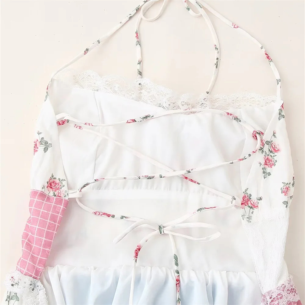 UNIZERA Summer Product Womens Hanging Neck Floral Lace Edge Splicing Hanging Neck Collar backless Dress 250402