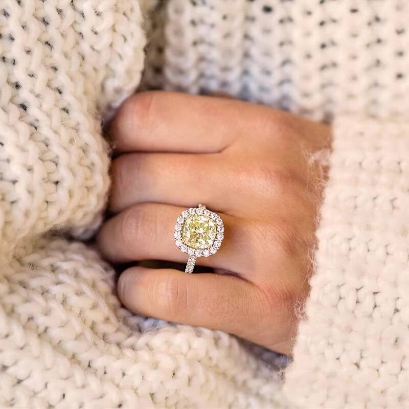 Luster Jewelry Fantastic 10K 14K 18K Gold Halo Canary Yellow 35 Carats Cushion Moissanite Eternity Ring for Engagement