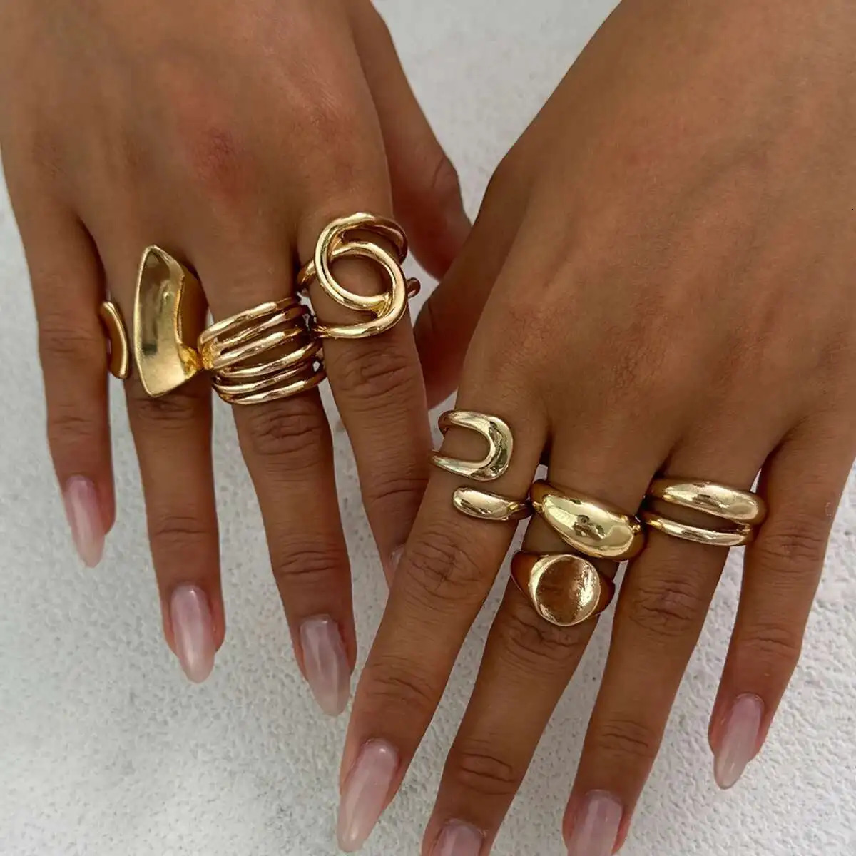 KunJoe 7Pcs Retro Hollow Out Geometric Gold Color Open Rings Set for Women Trendy Smooth Irregular Wide Ring Finger Jewelry 251031