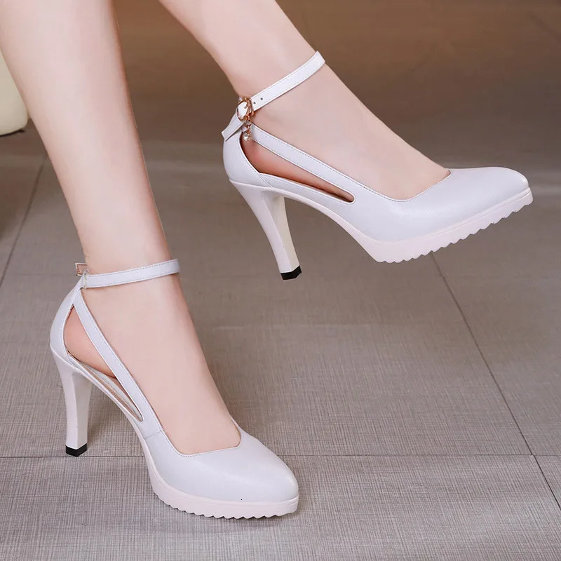 High quality womens leather shoes 8cm high heels platform toe 32 33 42 43 elegant and fashionable dress black red white 250402BJ - view 3