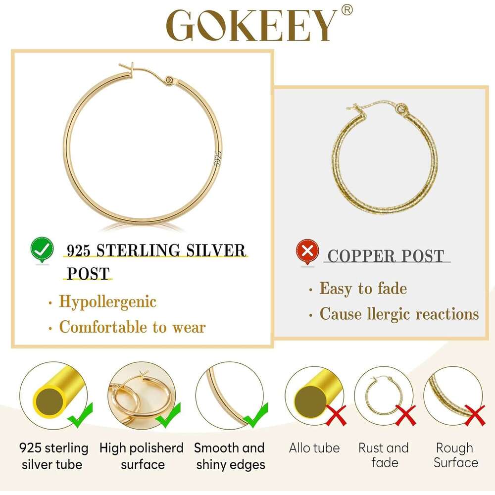 Set Women,14k Plated Hoops with Sterg Sier Post Hypoallergenic Thin Hoop Gold Earrings for Girls Trendy Jewelry Gifts