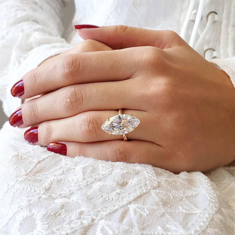 Luster 10K14K18K Yellow Gold Twisted Band Single Big Gemstone Marquise Cut Moissanite Ring for Women