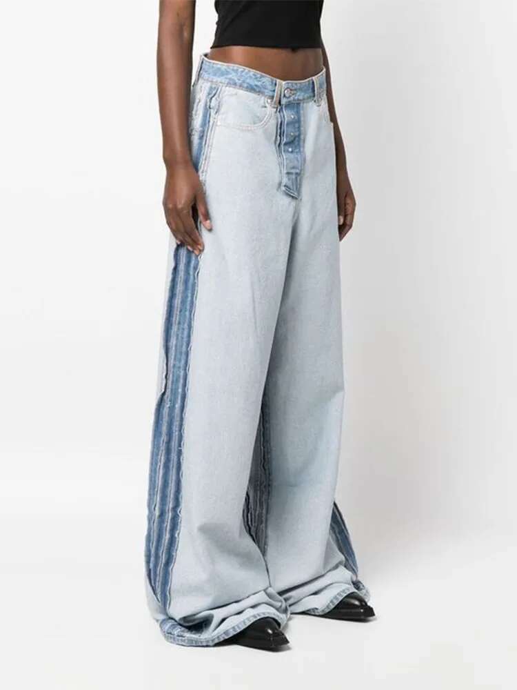 Vintage Patchwork Women Denim Pants Low Rise Baggy Wide Leg Jeans Distressed Dragging Trousers High Street Hip Hop Casual Pant