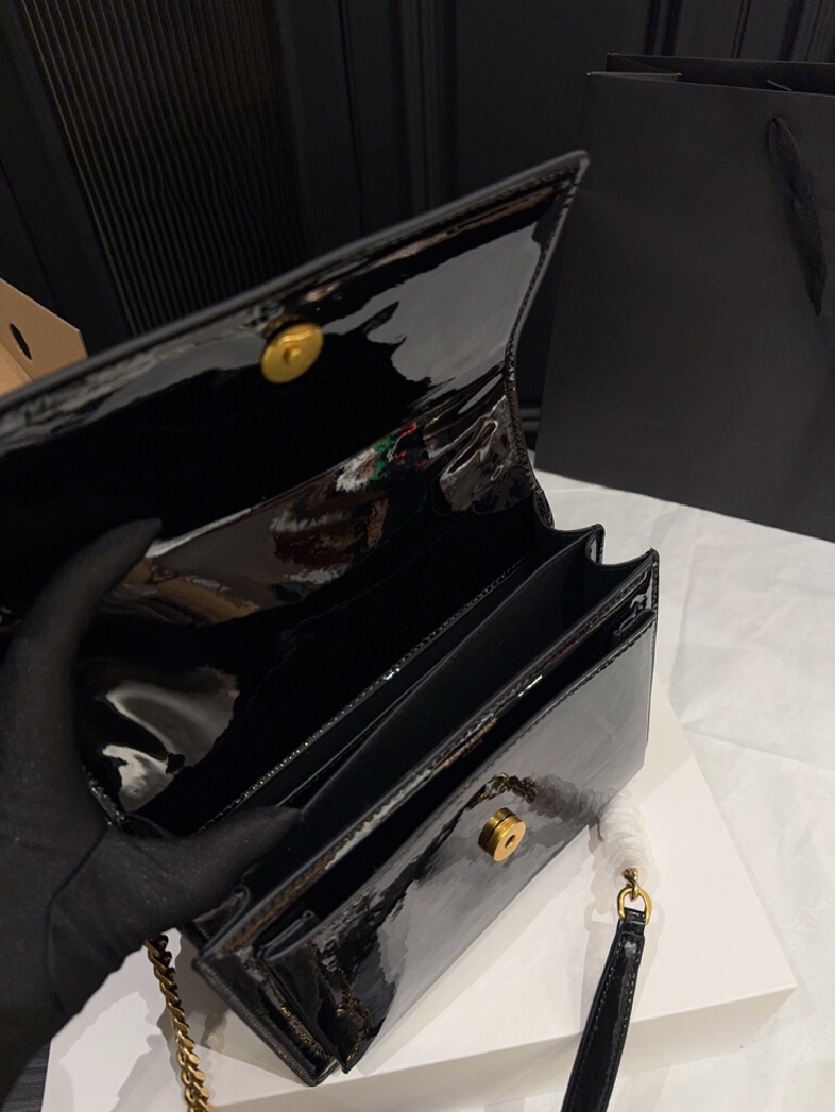 New chain patent leather sunset bag, small square bag, letter crossbody bag