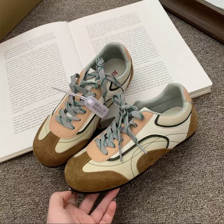 Cowhide vintage color-blocked leather ballet style moral training shoes women's spring and autumn soft-soled sneakers lightweight casual board sh