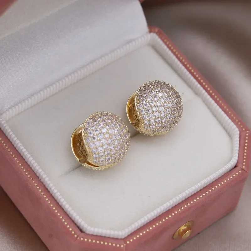 Korean New Design Fashion Jewelry Gold Plated Double Zircon Round Earrings Luxury Womens Party Accessories Y250401
