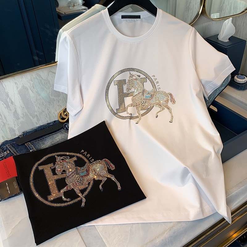 New summer men's hot diamond round neck short sleeve set diamond fashion trend men's half sleeve T-shirt combed cotton black white plus size