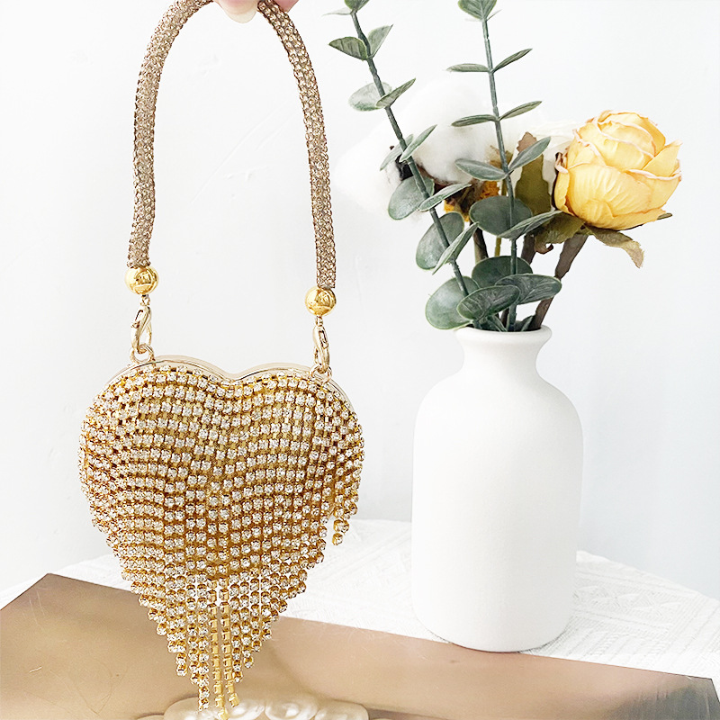Diamond Encrusted Glass Stone Heart-Shaped Small Chain Bag for Evenings