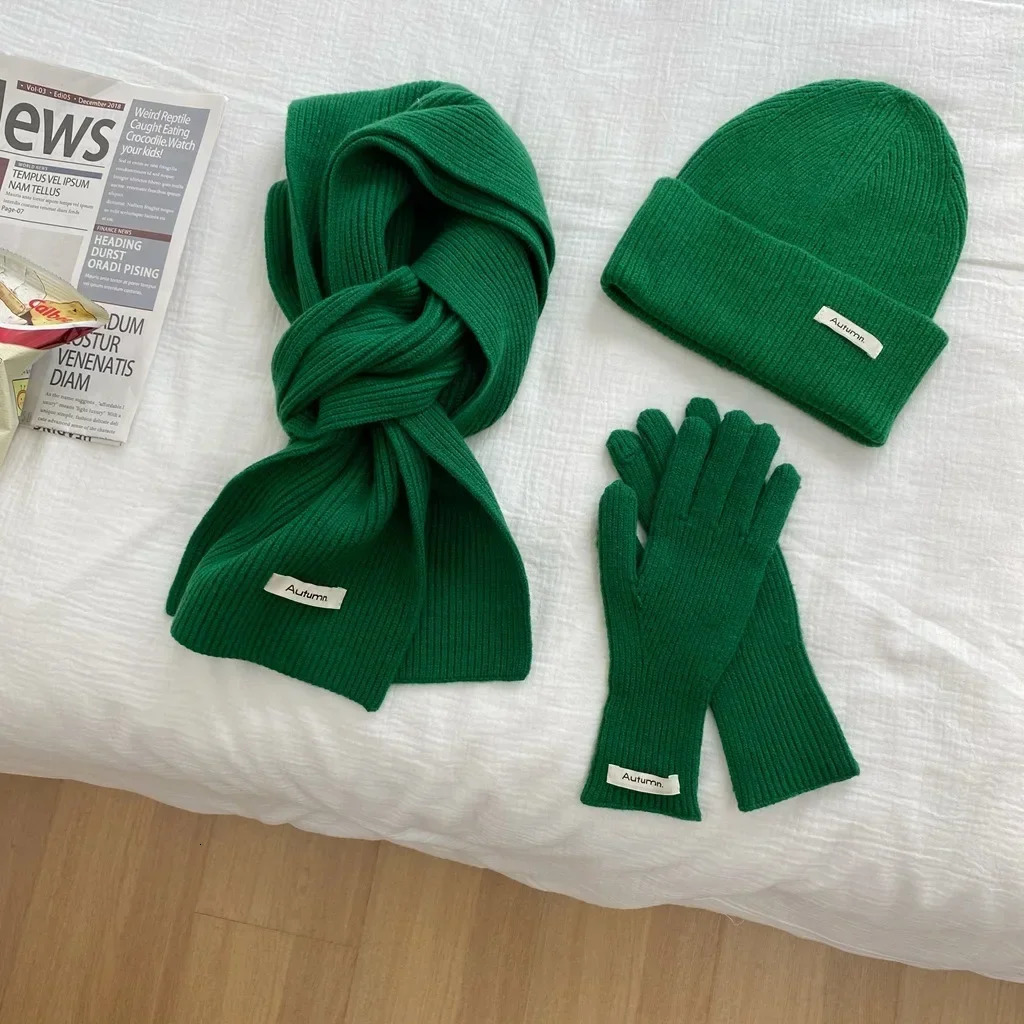 Womens Solid Knitted Hat Scarf Glove Set Warm Autumn Winter Fashion 3 Pcs Lovely Colors Green Blue Red 251028ww
