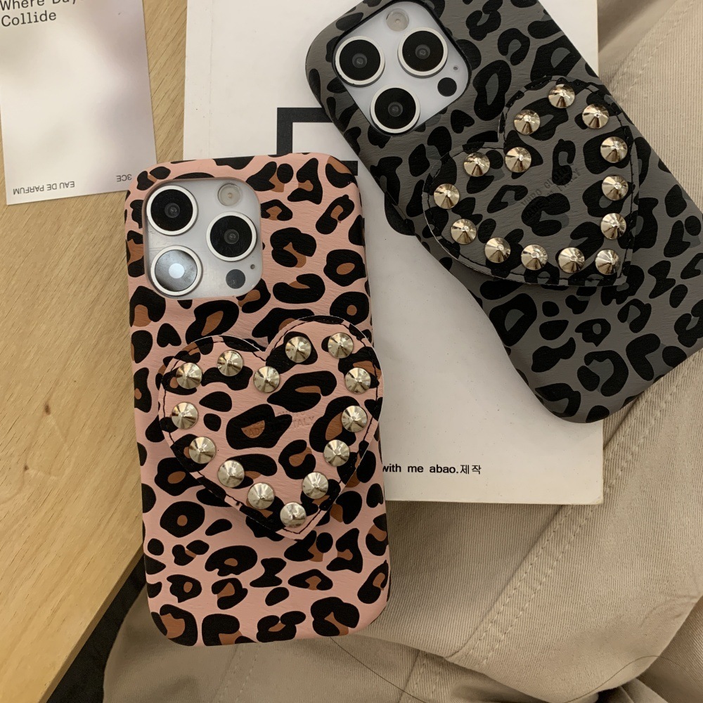 Leopard Print Rivet Heart Stand Phone Case Compatible with iPhone 17/16/15 Simple Shockproof iPhone 14 Cartoon 13