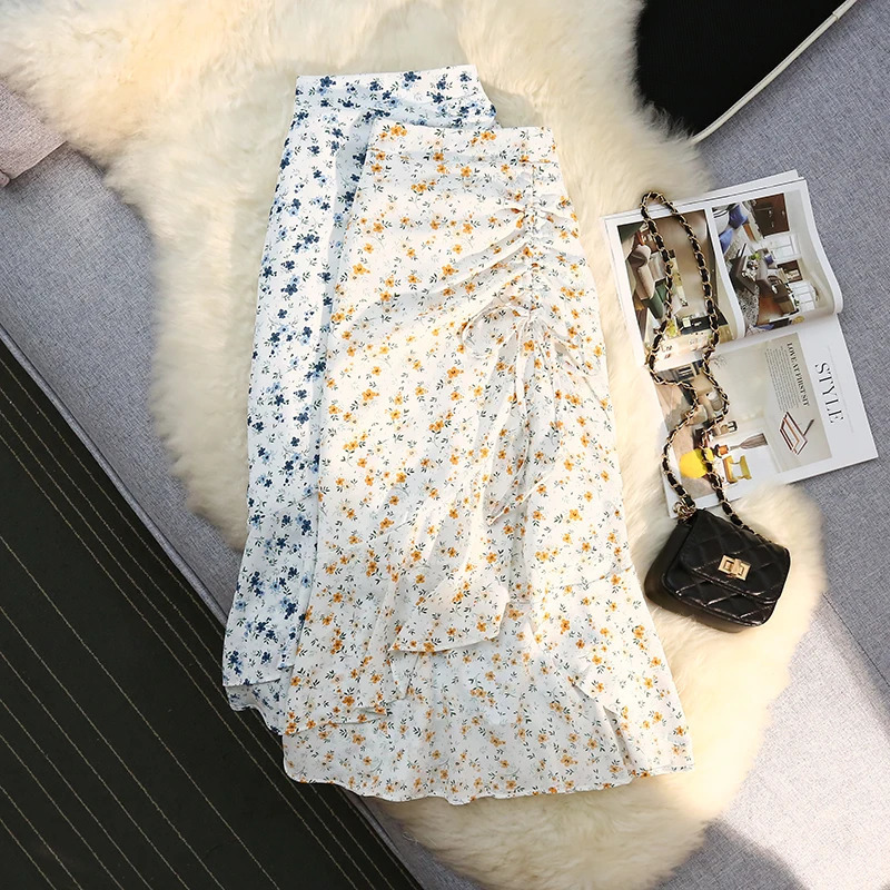 Seoulish Women Spring Summer Irregular Skirt Elastic High Waist Elegant Chiffon Floral Printed Pencil Midi Skirt Female 2024 251027