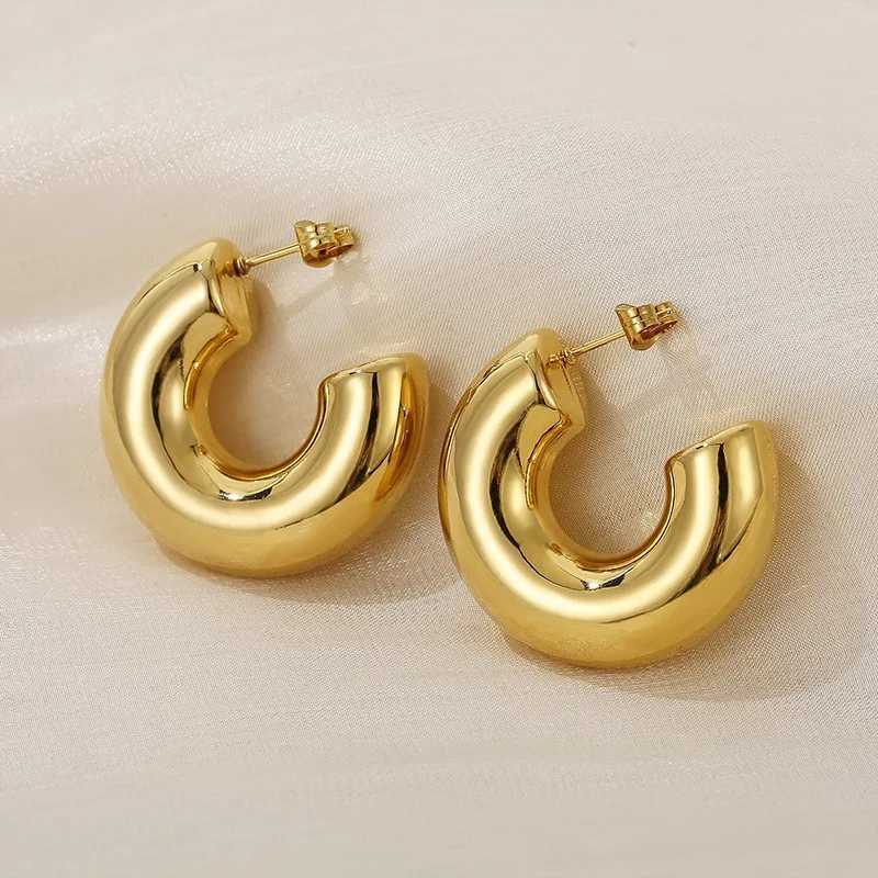 Stainless steel gold-plated thick hoop earrings for women geometric retro glossy thick teardrop earrings fashionable jewelry gifts Y250401