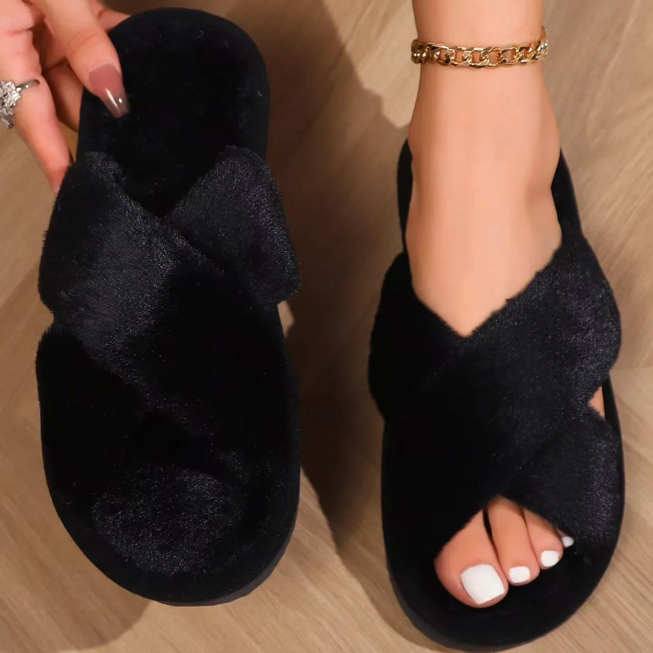 Cross Band Fur Slippers for Women Fluffy Open Toe Shoes Plush Flat Home Fuzzy Floor Slipper Woman Cozy Warm Soft Sole Anti Slip 251031