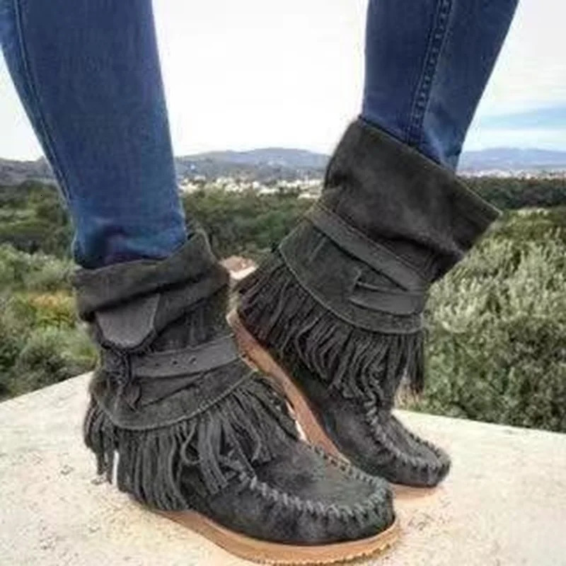Women Ankle Boots Ladies Suede Shoes Tassel Single Boots Pop Silpon Boho Boots Women Flat Shoes Cowboy Shoes Short Boots 251030