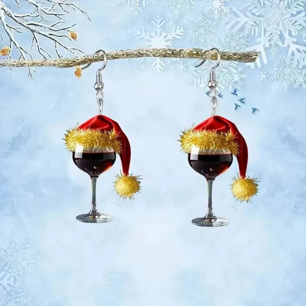 Festive Atmosphere Christmas Hat Gifts Christmas Pendant Earrings Red Wine Glass Wine Glass Acrylic Earrings Year 251031