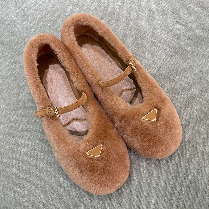 2025 Sheepskin version ~ triangle label new leather Mary Jane flat ballerinas with buckle strap shallow wool shoes