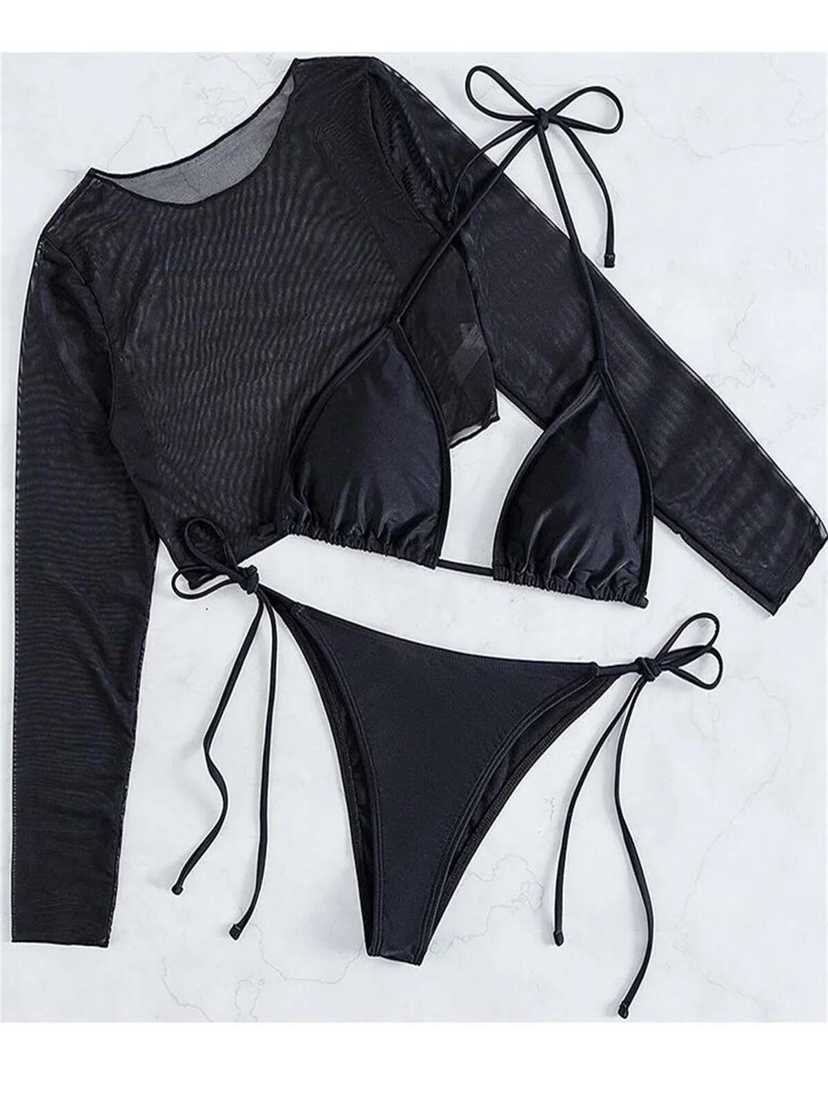Dongdumaoyi Sexy Black Piece Bikini Set Women Long Sleeve Mesh Cover Up Triangle Swimwear Summer Bathing Suit Push Micro Swimsuit