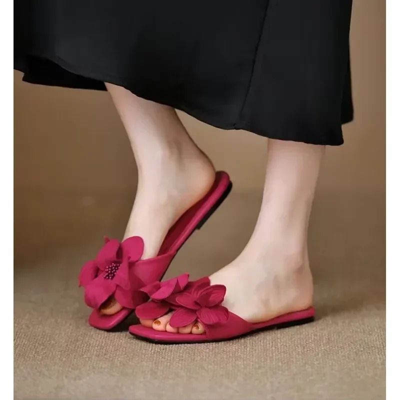 Womens Summer Fashion Slider Solid Color Flower Designer Flat Feet Sexy Daily Leisure Wedding Party Sandals 250402BJ - view 4